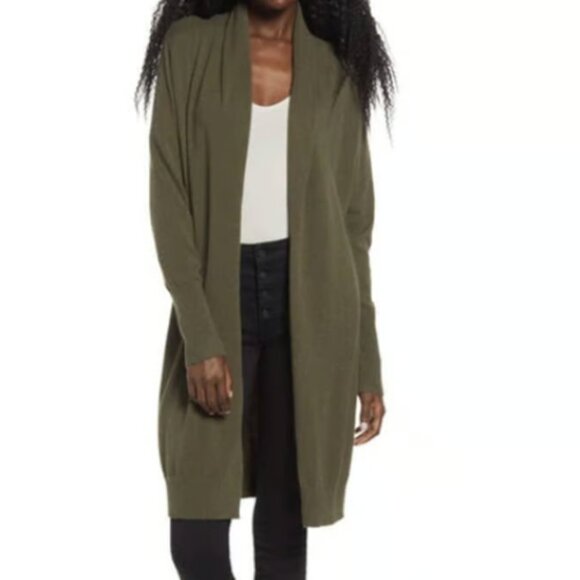 Leith Sweaters - Leith Olive Green Extra Long Shawl-Collar Women’s Cardigan Size Small